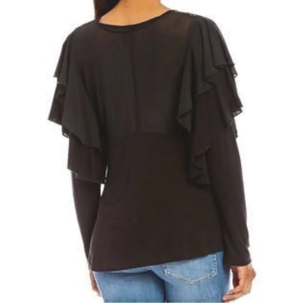 Free People Black Linen Embroidered Long Sleeve Shirt Size Small Ruffle Sleeves
